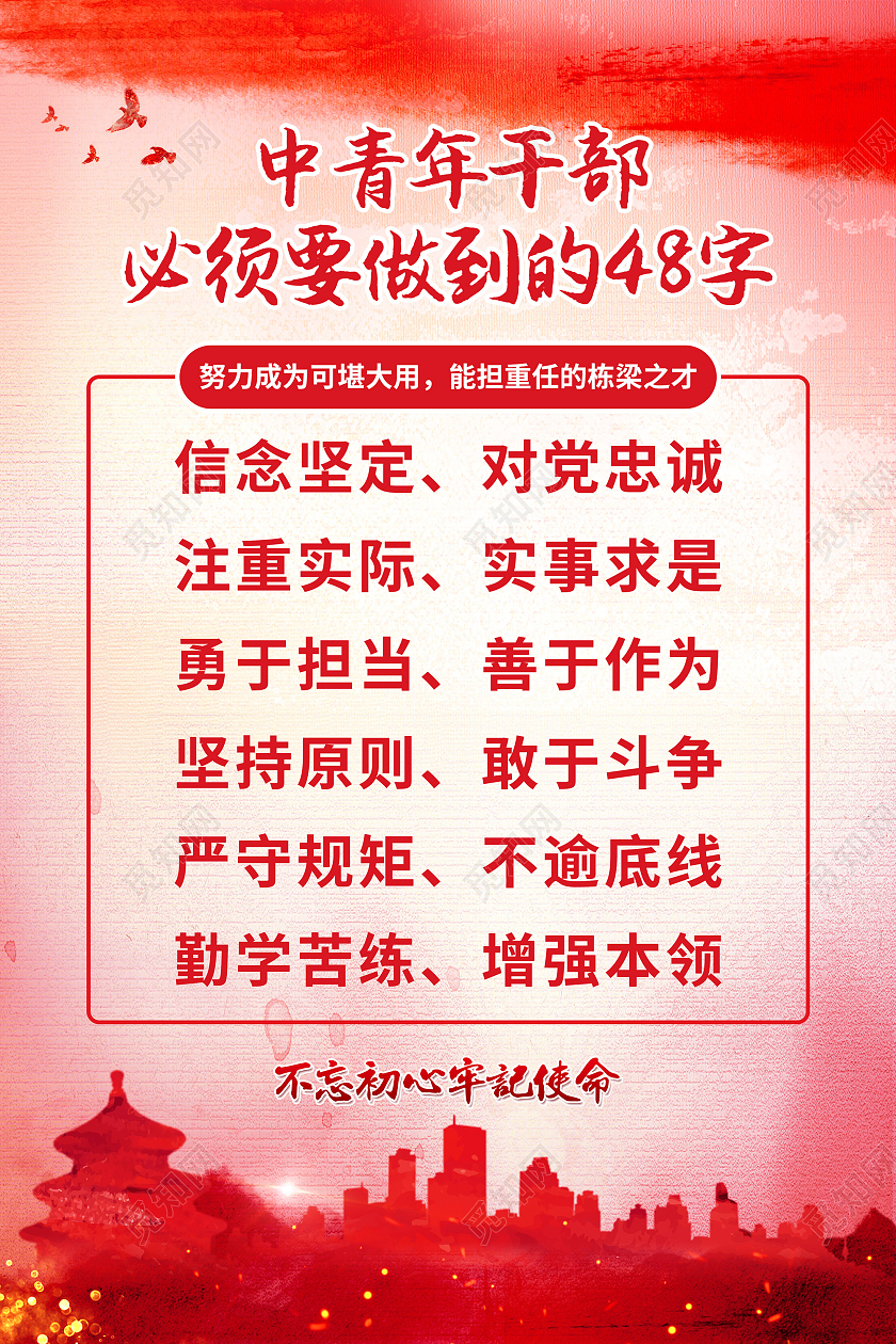 红色水墨风党建中青年干部必须做到这48个字海报