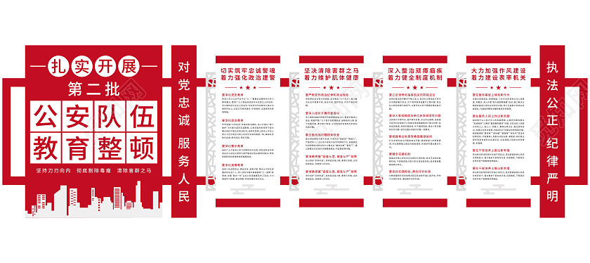 红色矩形简约矢量第二批政法队伍整顿文化墙第二批政法队伍教育整顿文化墙