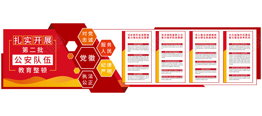红黄色系矢量第二批政法教育整顿文化墙第二批政法队伍教育整顿文化墙