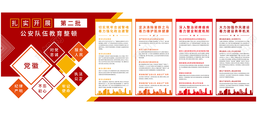 红色矢量简约板块第二批政法教育整顿文化墙第二批政法队伍教育整顿文化墙