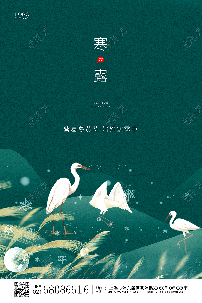 绿色简约大气卡通白鹭二十四节气寒露宣传海报