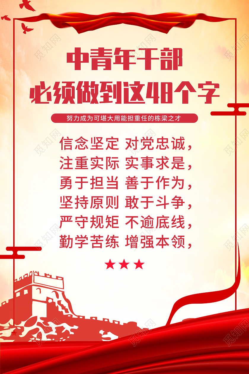 红色大气干部中青年干部必须做到这48个字海报
