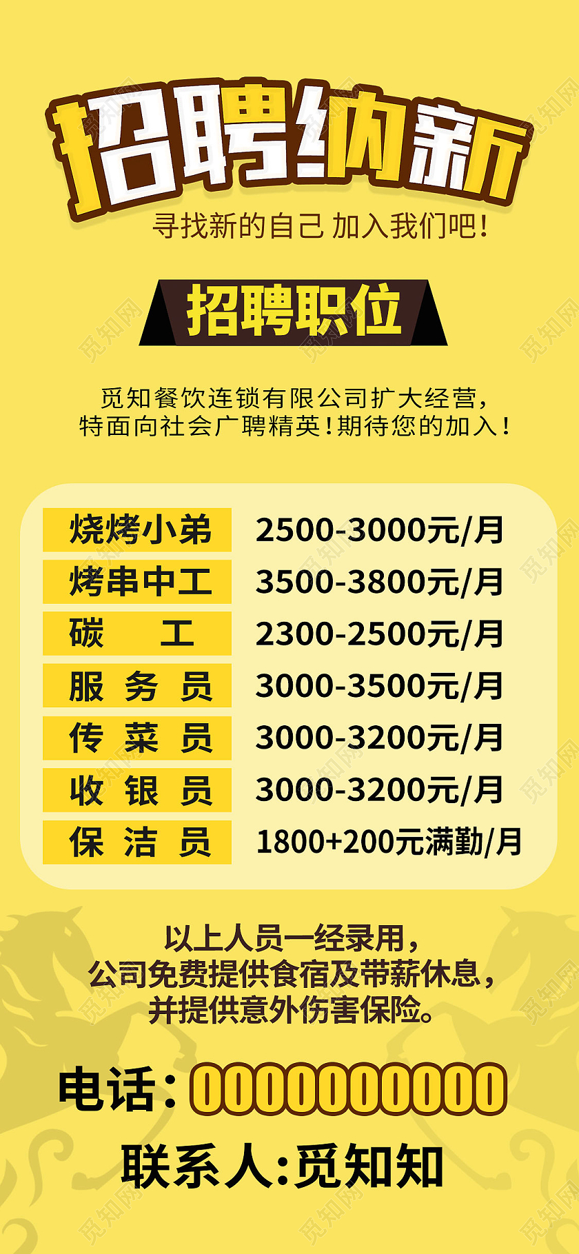 简约大气黄色招聘纳新餐饮招聘手机海报