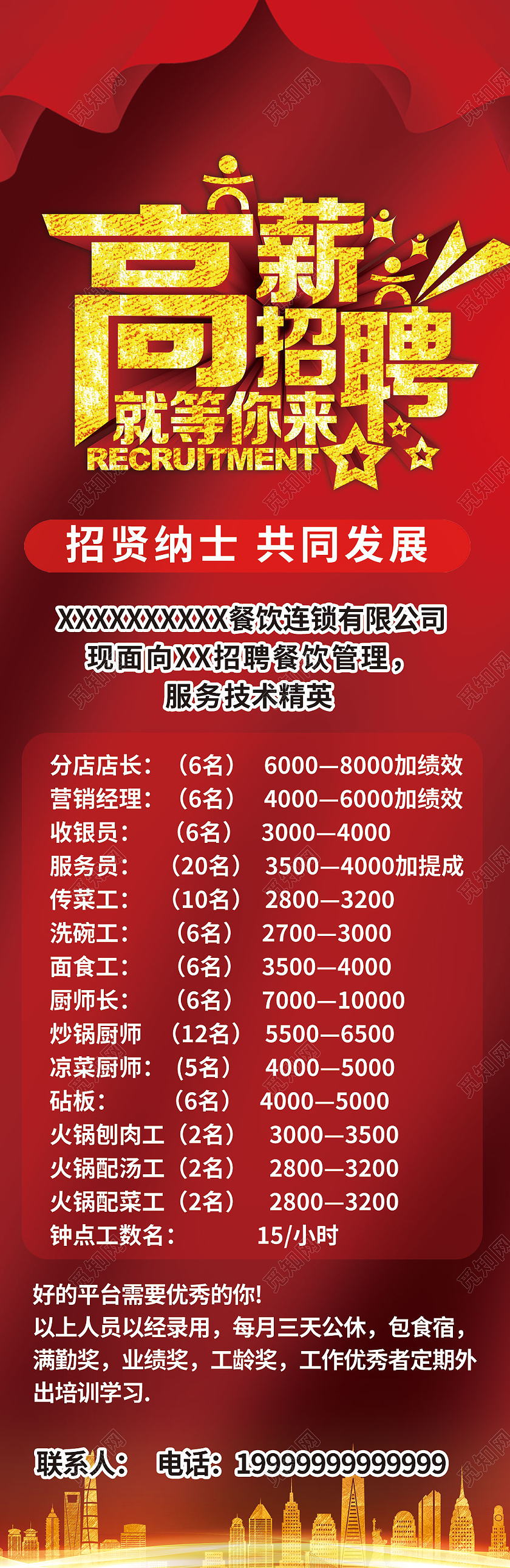 简约大气红色高薪招聘就等你来餐饮招聘手机长图