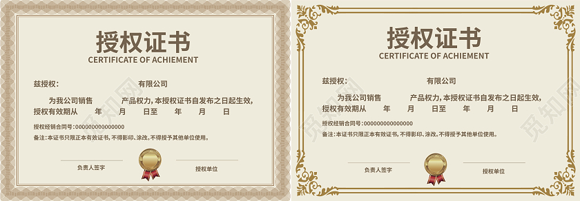 欧式风格横版个性创意授权荣誉证书授权书