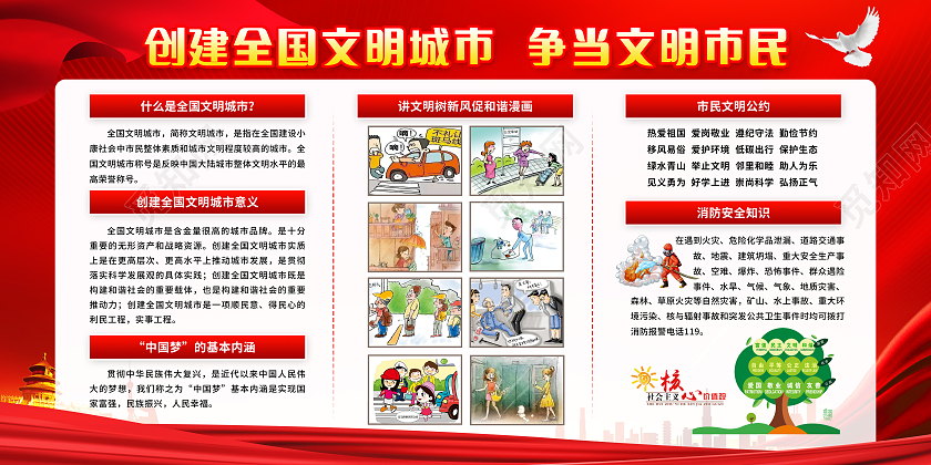 红色简约创建全国文明城市宣传栏
