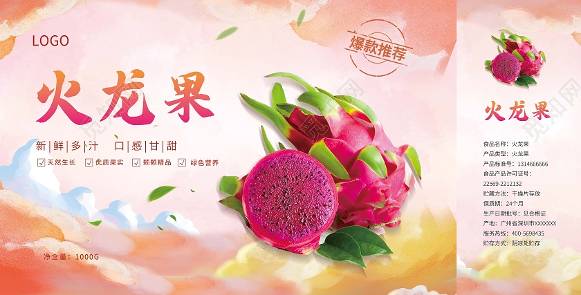 红色粉色水彩火龙果手提盒火龙果包装火龙果礼盒包装