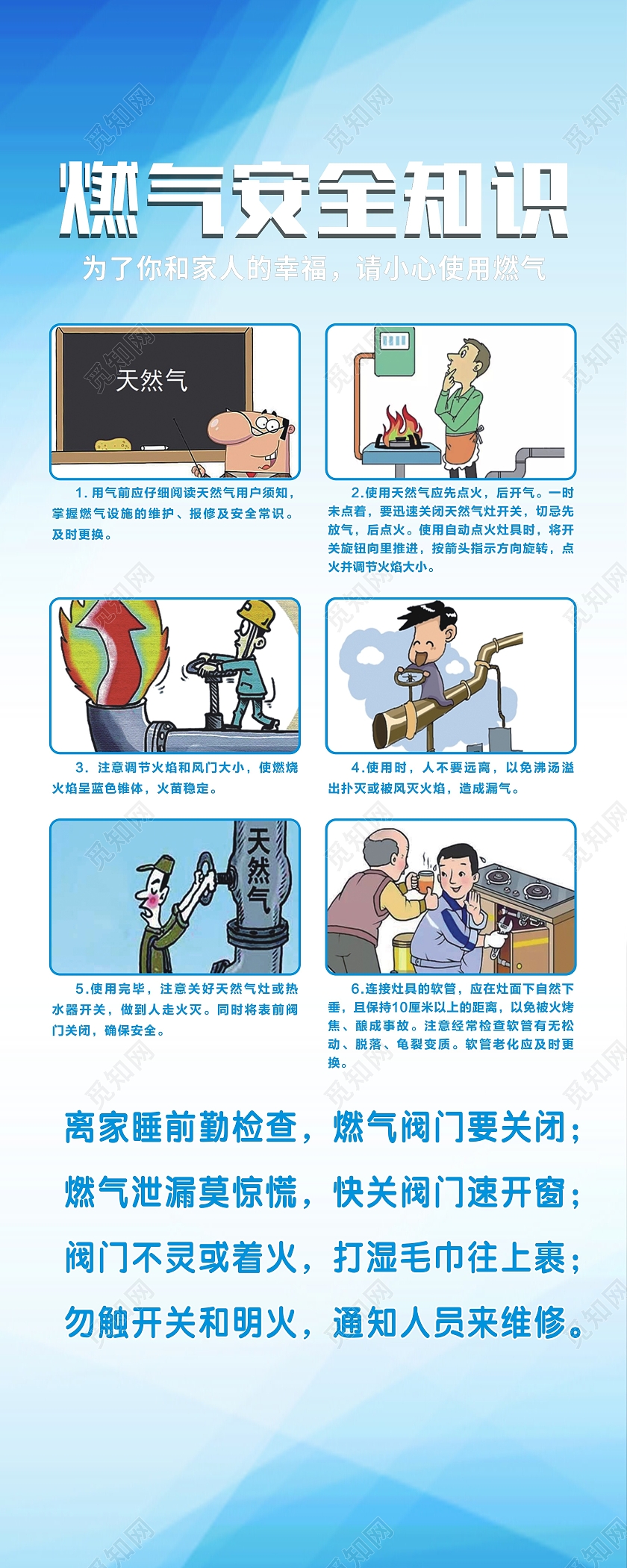 蓝色背景燃气安全知识图片卡通风格易拉宝