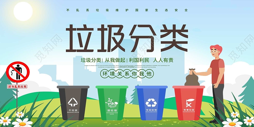 蓝色插画垃圾分类从我做起宣传公益展板