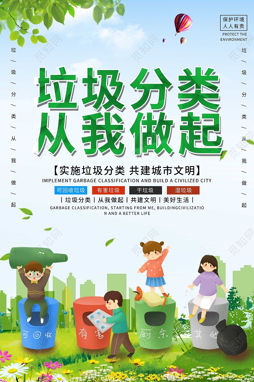 绿色卡通垃圾分类从我做起共建城市文明宣传海报