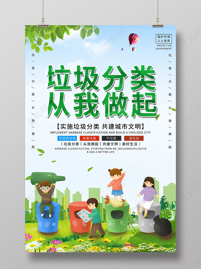 绿色卡通垃圾分类从我做起共建城市文明宣传海报