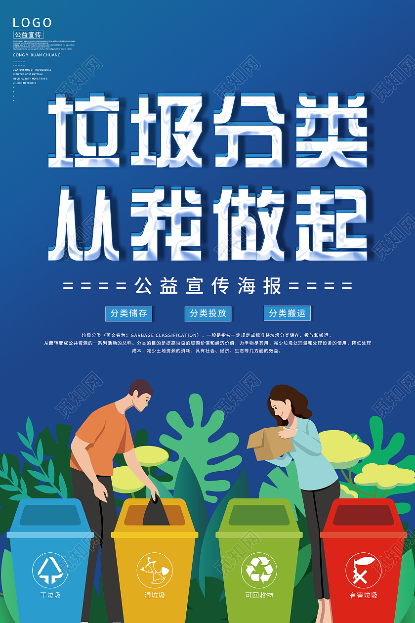 蓝色简约垃圾分类从我做起公益宣传海报垃圾分类从我做起海报