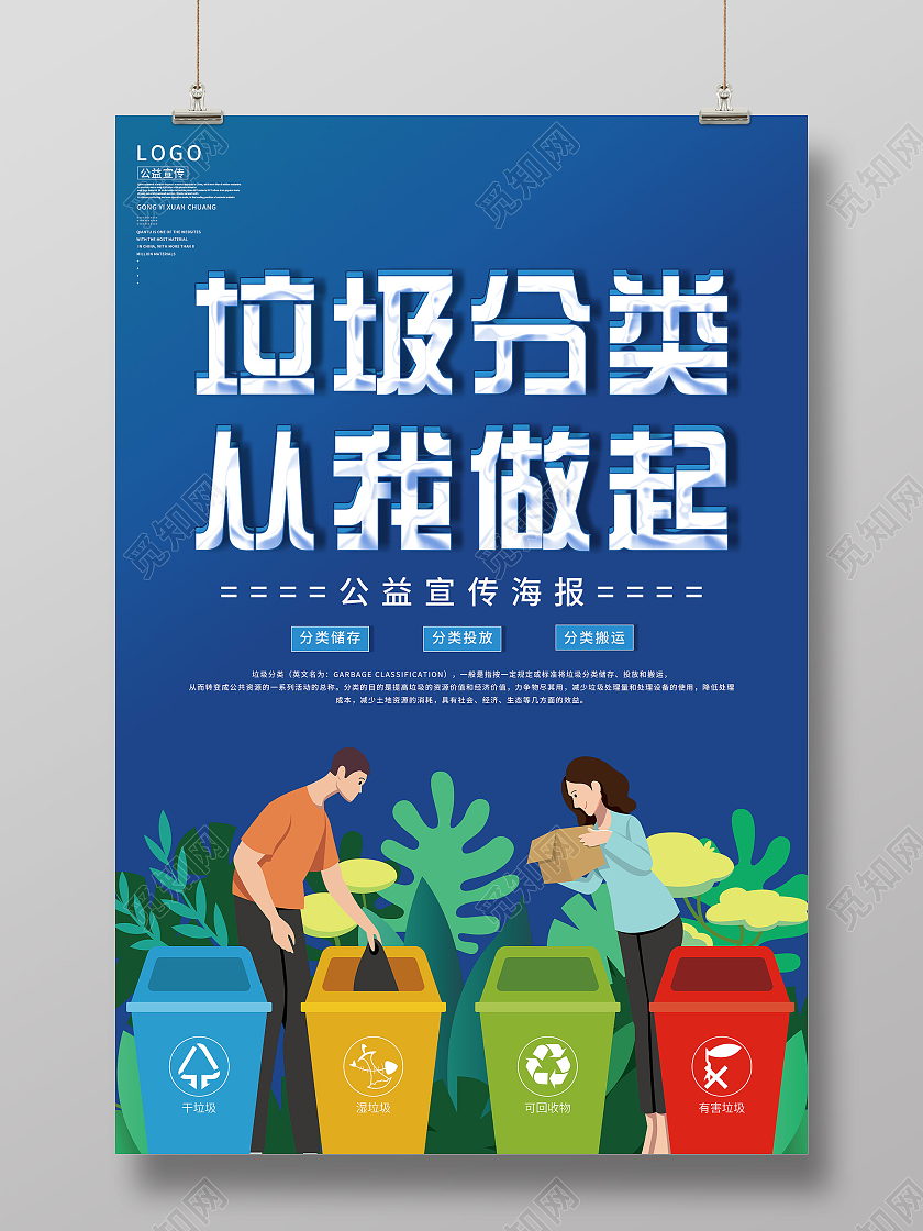 蓝色简约垃圾分类从我做起公益宣传海报垃圾分类从我做起海报