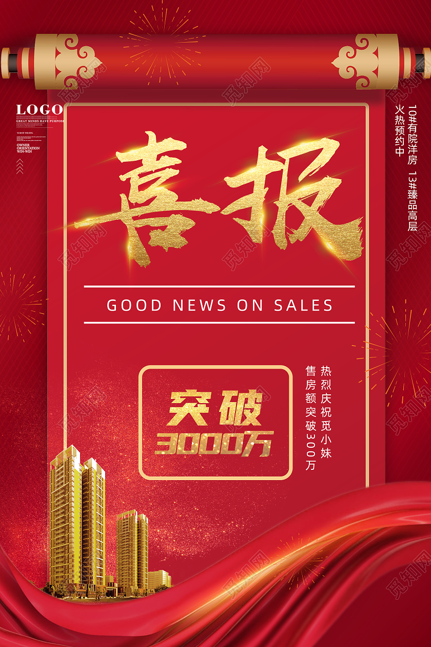 红色大气喜庆房产销售突破喜报海报销售喜报海报