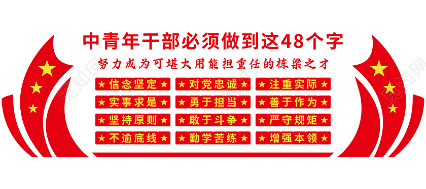 红黄色矢量简约标语中青干部48字文化墙中青年干部文化墙