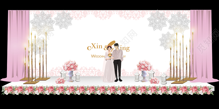 粉色温馨浪漫唯美婚礼现场效果展板香槟色婚礼