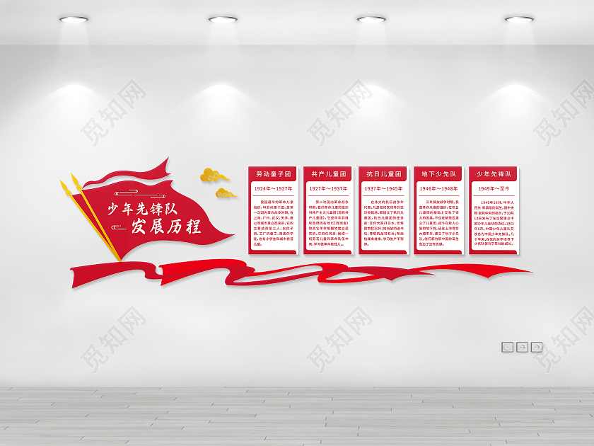 红色矢量旗帜少先队发展历程活动室文化墙少先队活动室