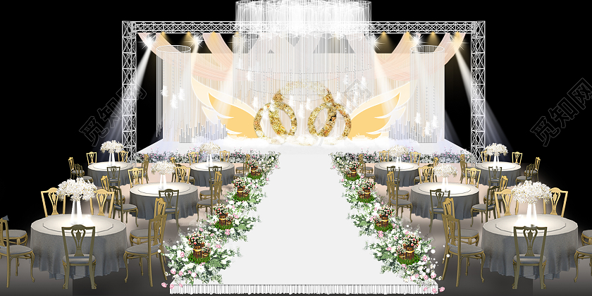 简约银色大气浪漫唯美婚礼现场布置效果图香槟色婚礼