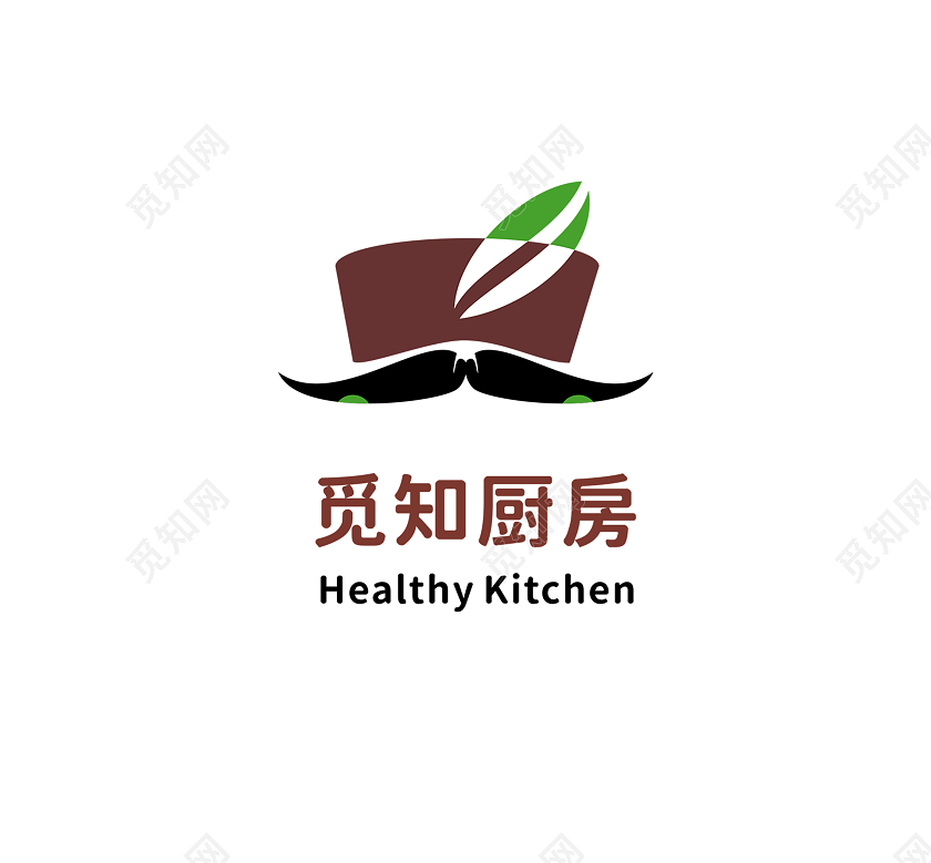 红色绿色简约厨师帽觅知健康厨房logo餐饮logo