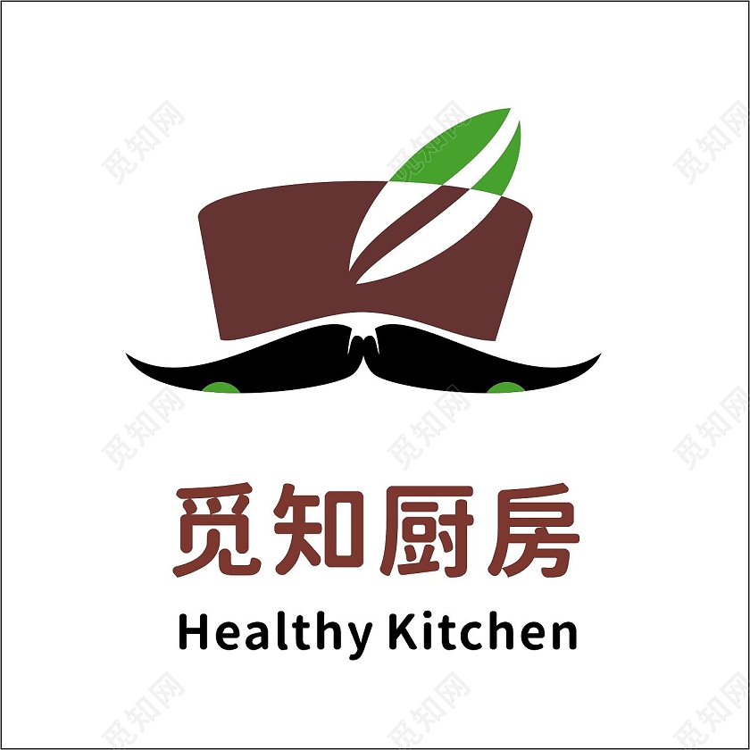红色绿色简约厨师帽觅知健康厨房logo餐饮logo