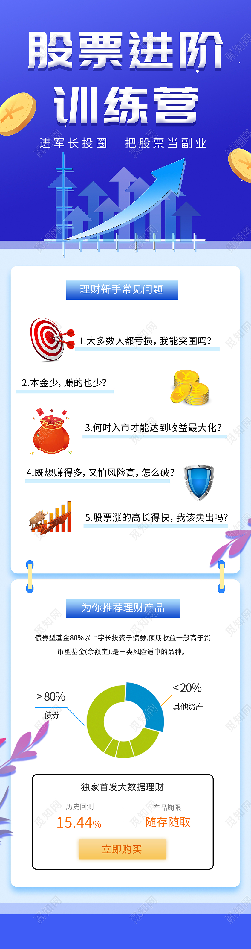 蓝色简约股票进阶训练营UI手机长图海报蓝色简约扁平股票进阶训练h5长图