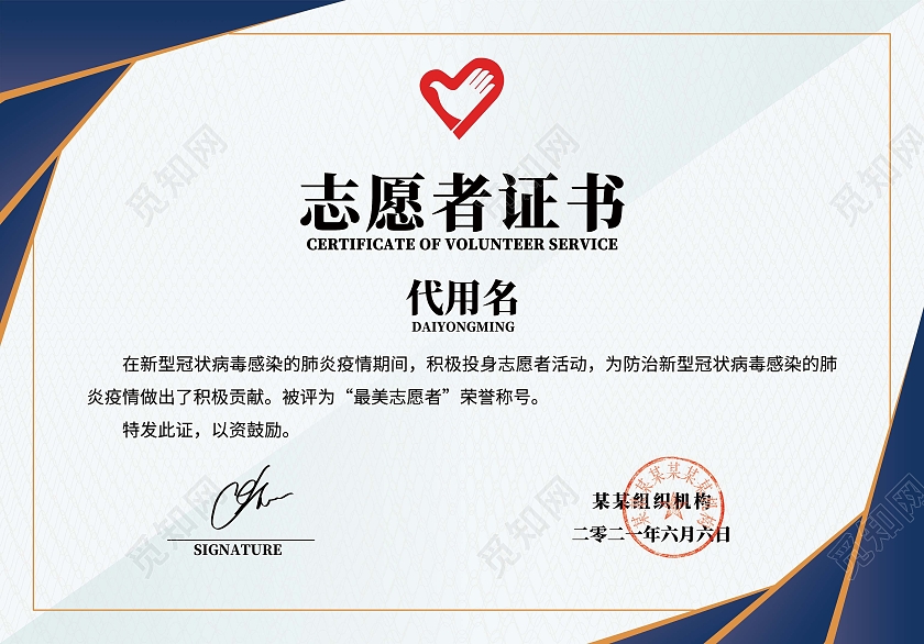冷色简约商务志愿者证书疫情防控志愿者证书