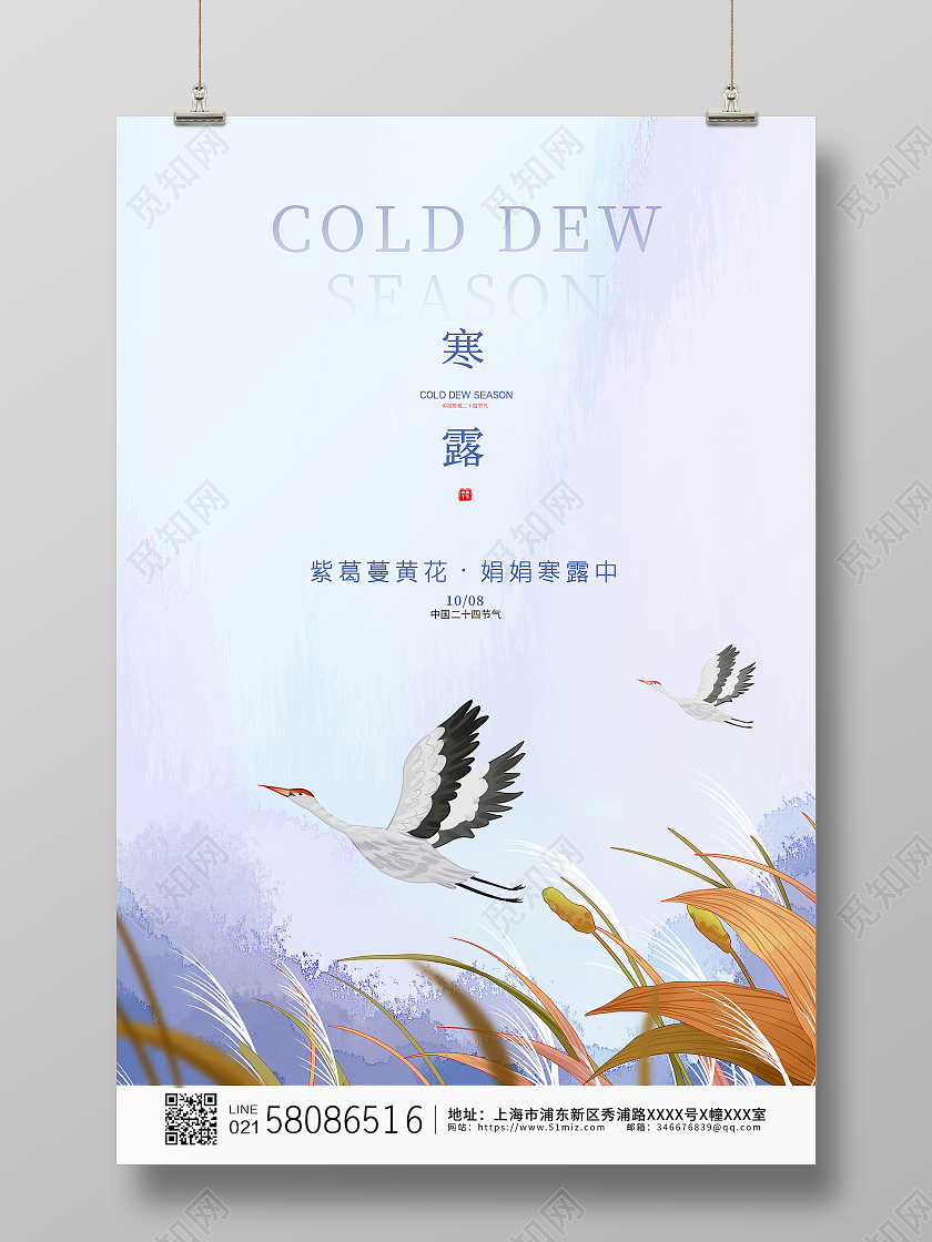 白色简约大气卡通白鹭二十四节气寒露宣传海报