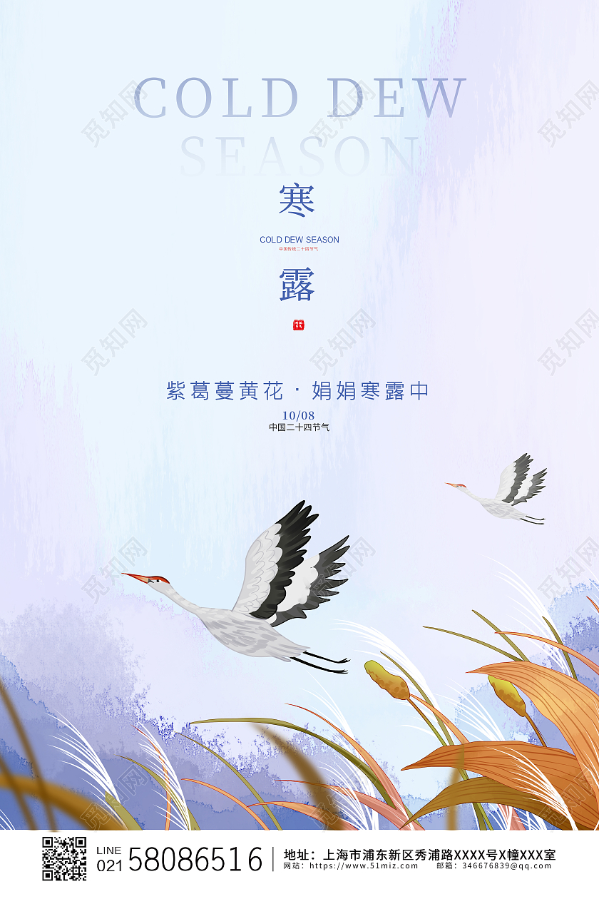 白色简约大气卡通白鹭二十四节气寒露宣传海报