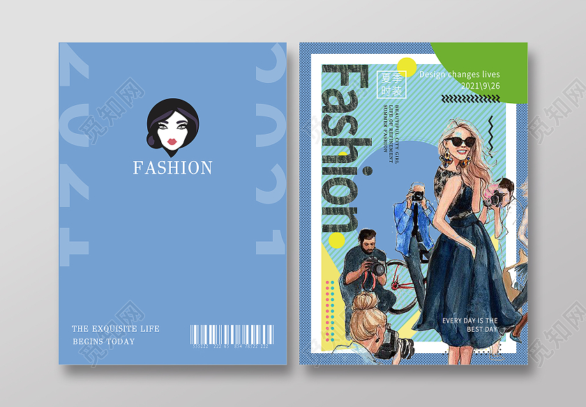 蓝紫色复古时尚插画女性时装杂志封面