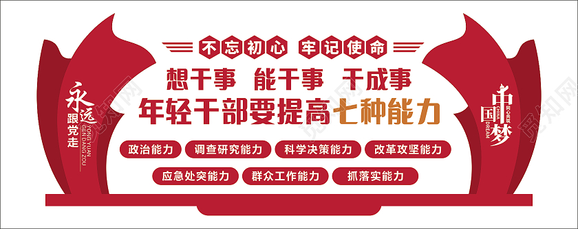 红色中青年干部中青年干部要提高七种能力文化墙中青年干部文化墙