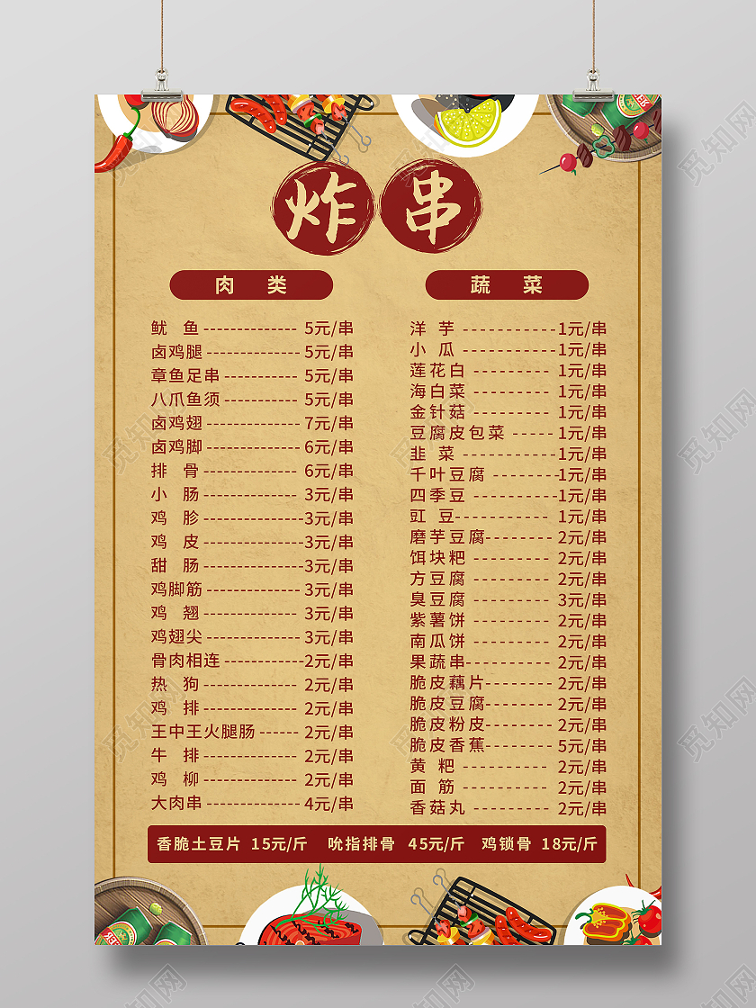复古纹理烧烤小吃餐饮菜单价目表炸串海报