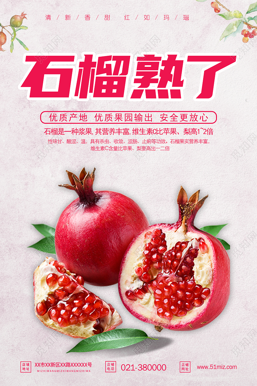 粉色个性创意水果石榴石榴熟了海报石榴海报展板