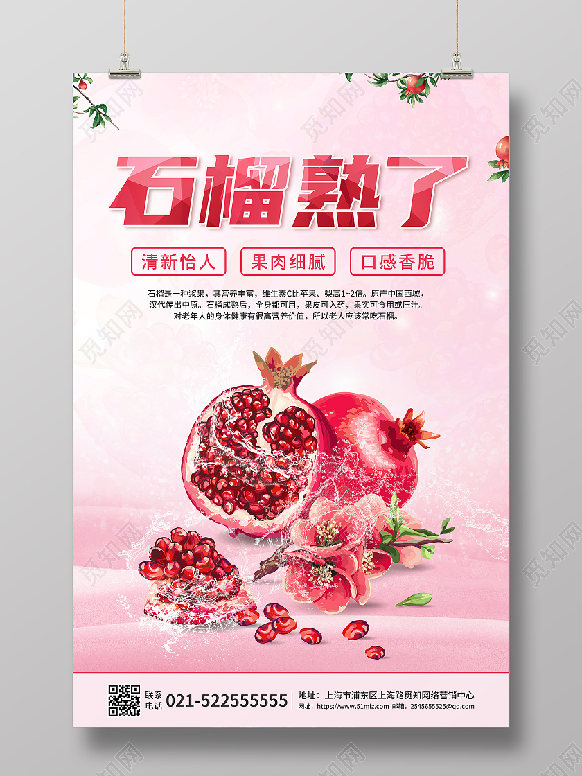 粉红色红石榴软籽手绘石榴海报设计石榴海报展板