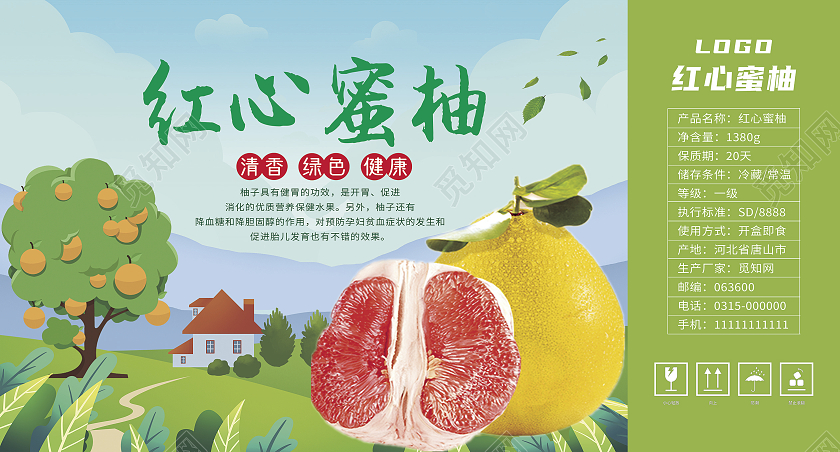 蓝绿色插画背景红心柚子包装盒手提盒柚子树红心蜜柚
