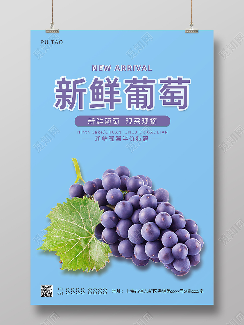 蓝色简约风格葡萄新鲜葡萄宣传海报葡萄海报