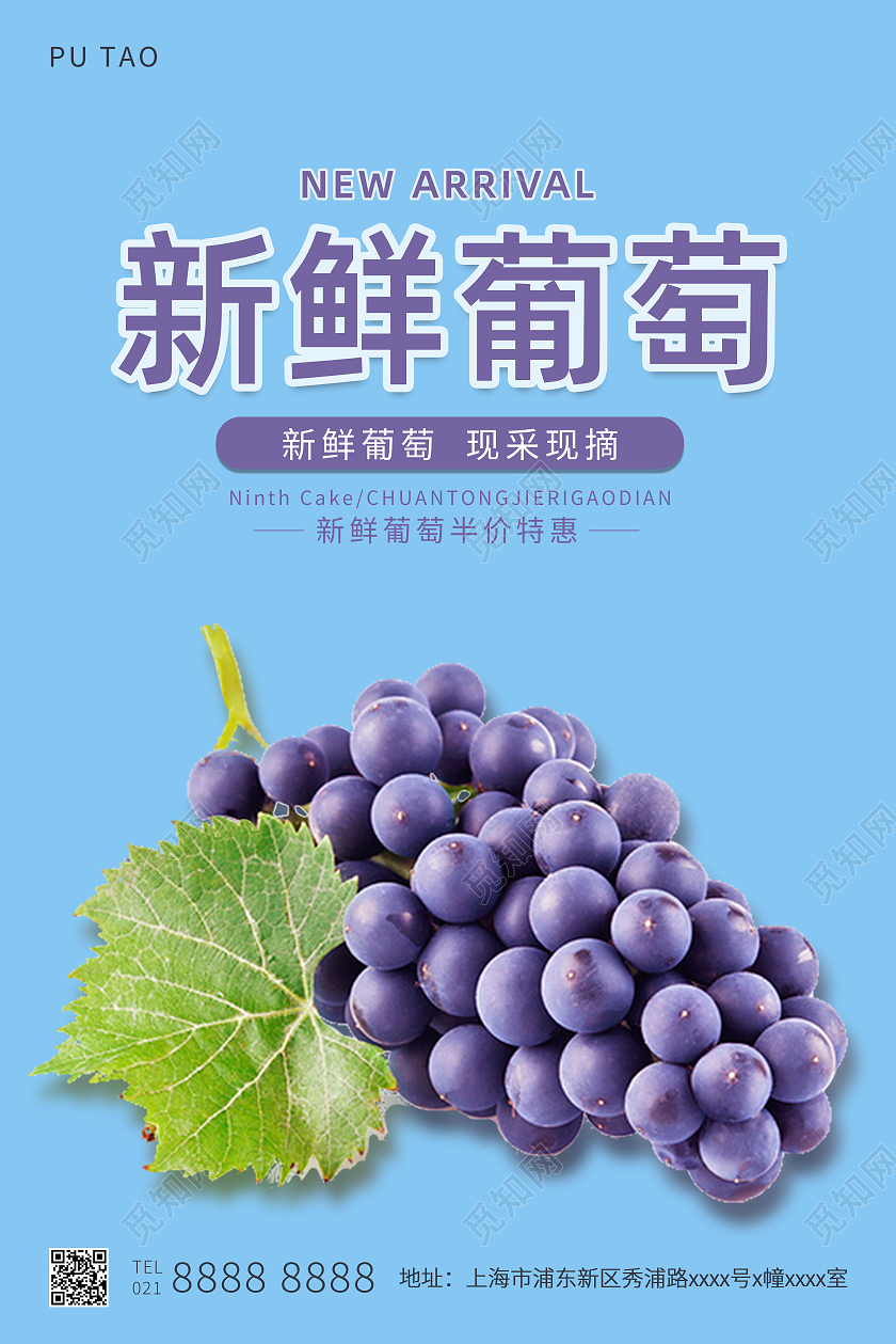 蓝色简约风格葡萄新鲜葡萄宣传海报葡萄海报