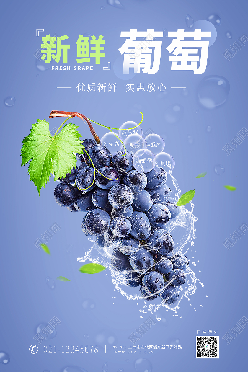 蓝色简约清新葡萄类新鲜葡萄海报