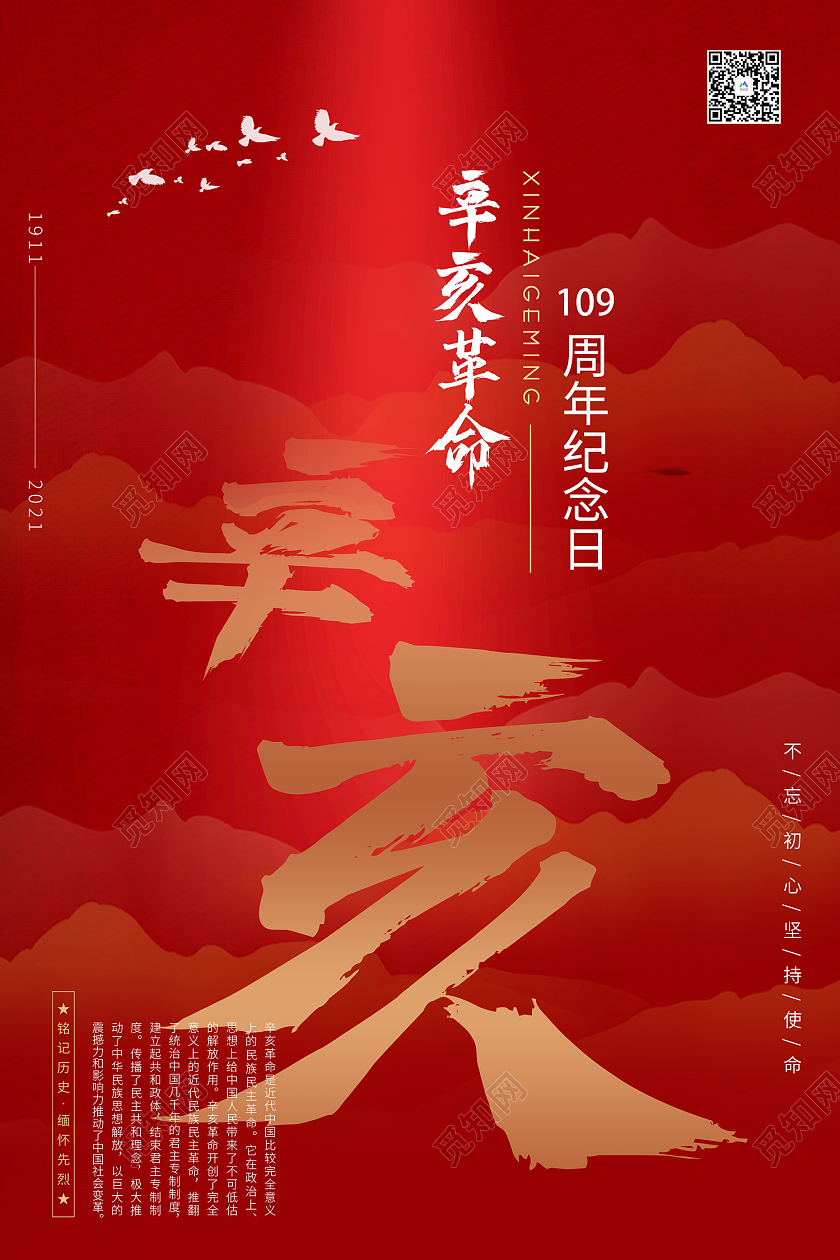 红色简约风纪念辛亥革命110周年海报