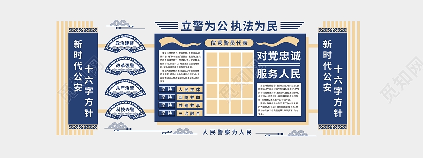 蓝色新时代公安十六字方针人民警察公安文化文化墙
