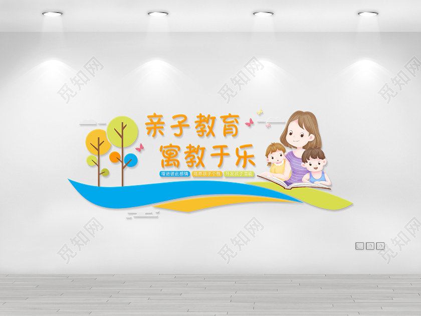 蓝绿色简约清新风格家庭亲子教育文化墙亲子教育寓教于乐