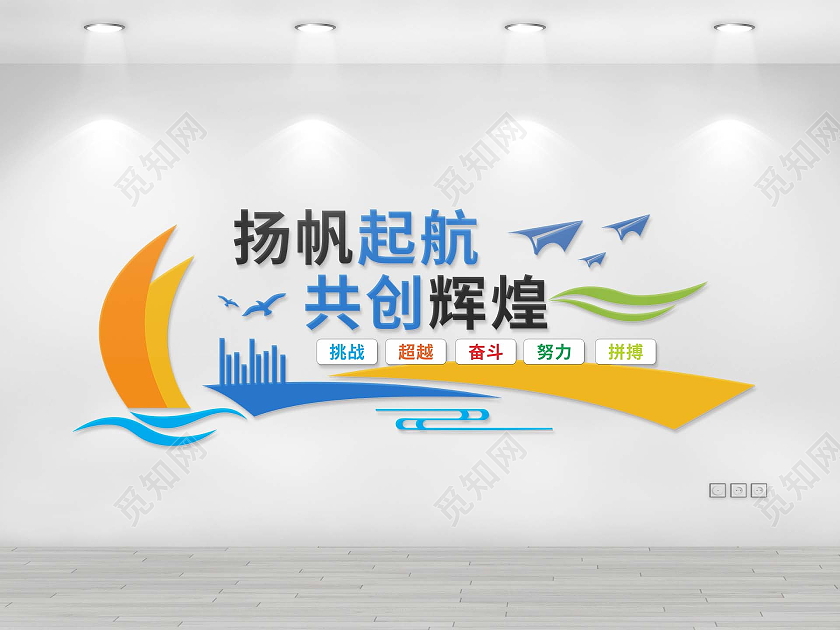 蓝色简约大气企业文化墙扬帆起航共创辉煌文化墙励志文化墙
