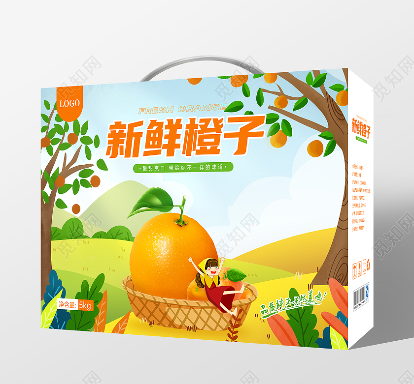 橙色插画简约新鲜橙子包装纸盒手提盒橙子包装设计