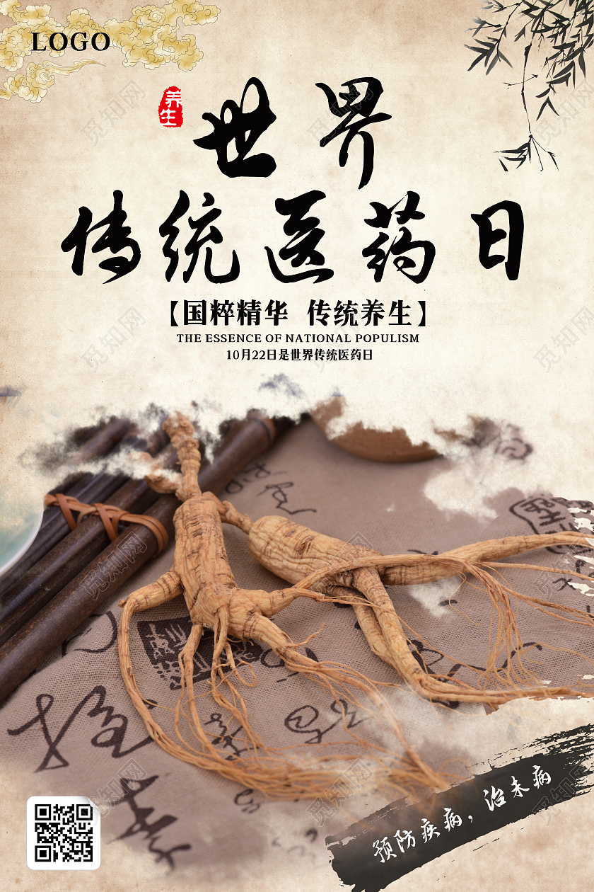 复古色古风简约世界传统医药日海报
