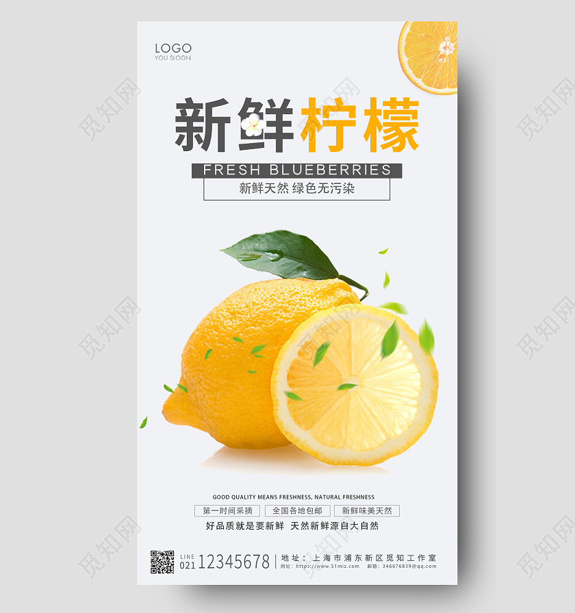 灰色简约风格新鲜柠檬新鲜柠檬手机海报设计