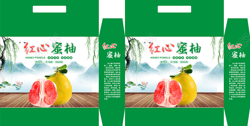 水墨风格远山白云柚子水果柚子包装