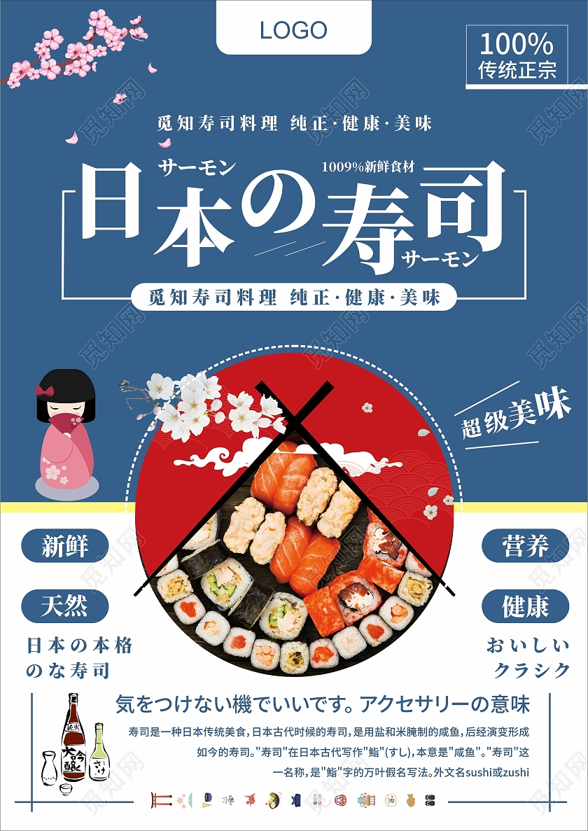 蓝色简约樱花寿司料理日本料理寿司菜单日料菜单