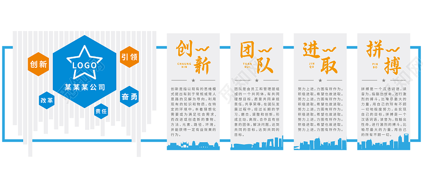 简约矢量蓝色橙色板块企业精神文化墙