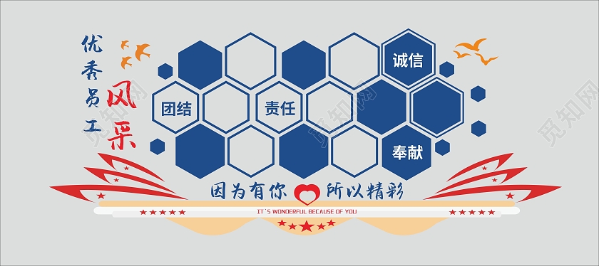 蓝色大气简约企业优秀员工风采文化墙