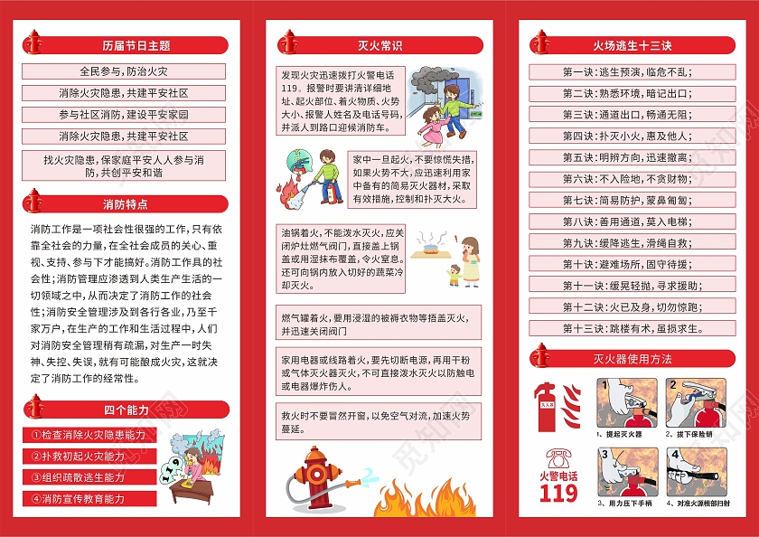 红色简约消防知识全民关注消防生命安全至上三折页消防日三折页
