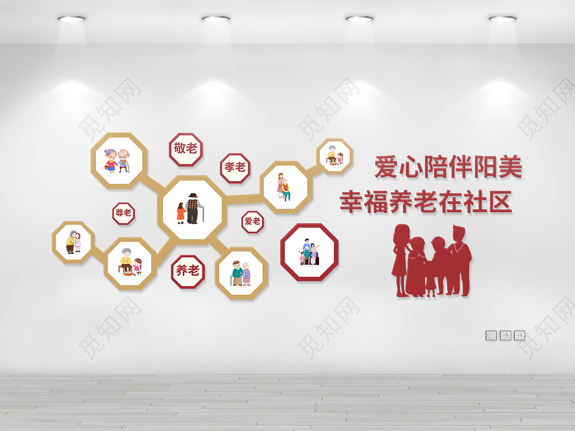 深红色创意大气爱心陪伴幸福养老社区文化墙设计社区养老文化墙